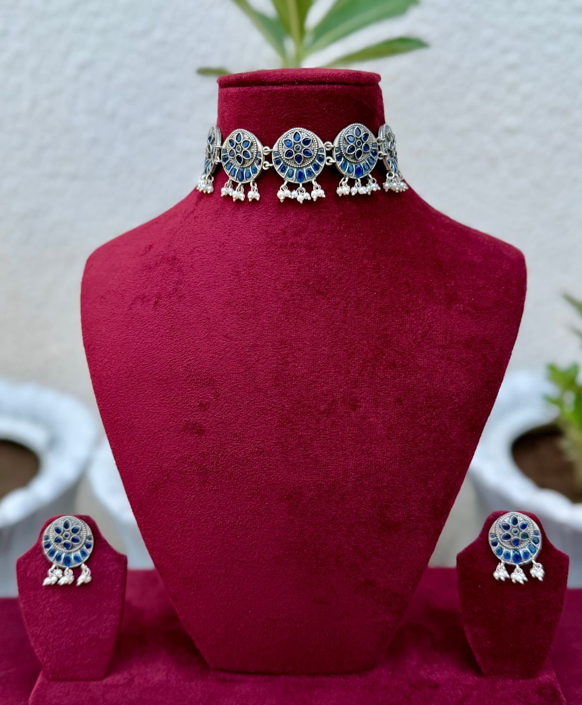German Silver Blue Meenakari Choker for Women