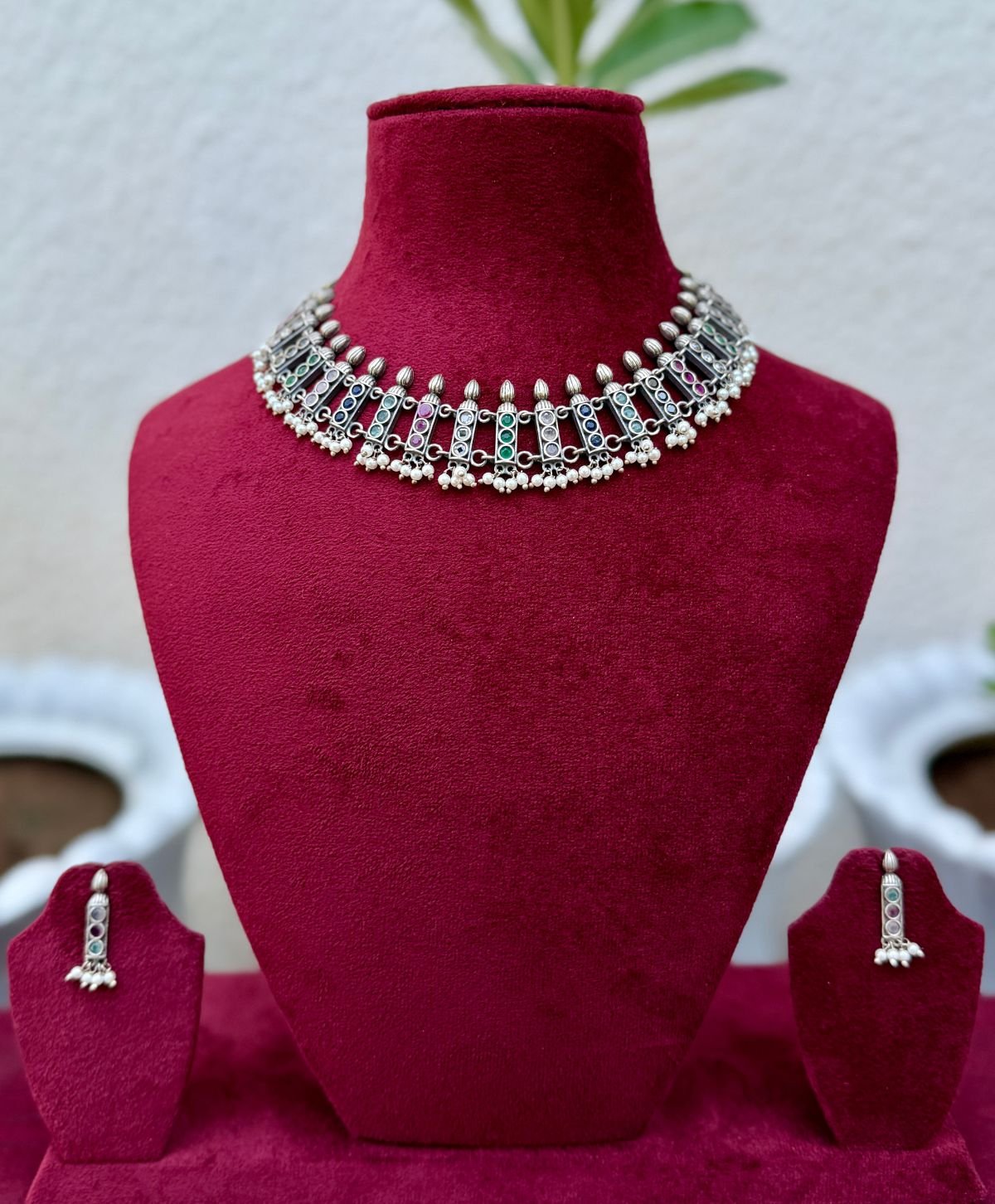 German Silver Navratna Necklace for Women