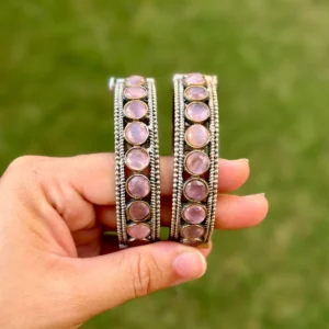 German Silver Pair Blush Pink Dual Tone Kadas for Women