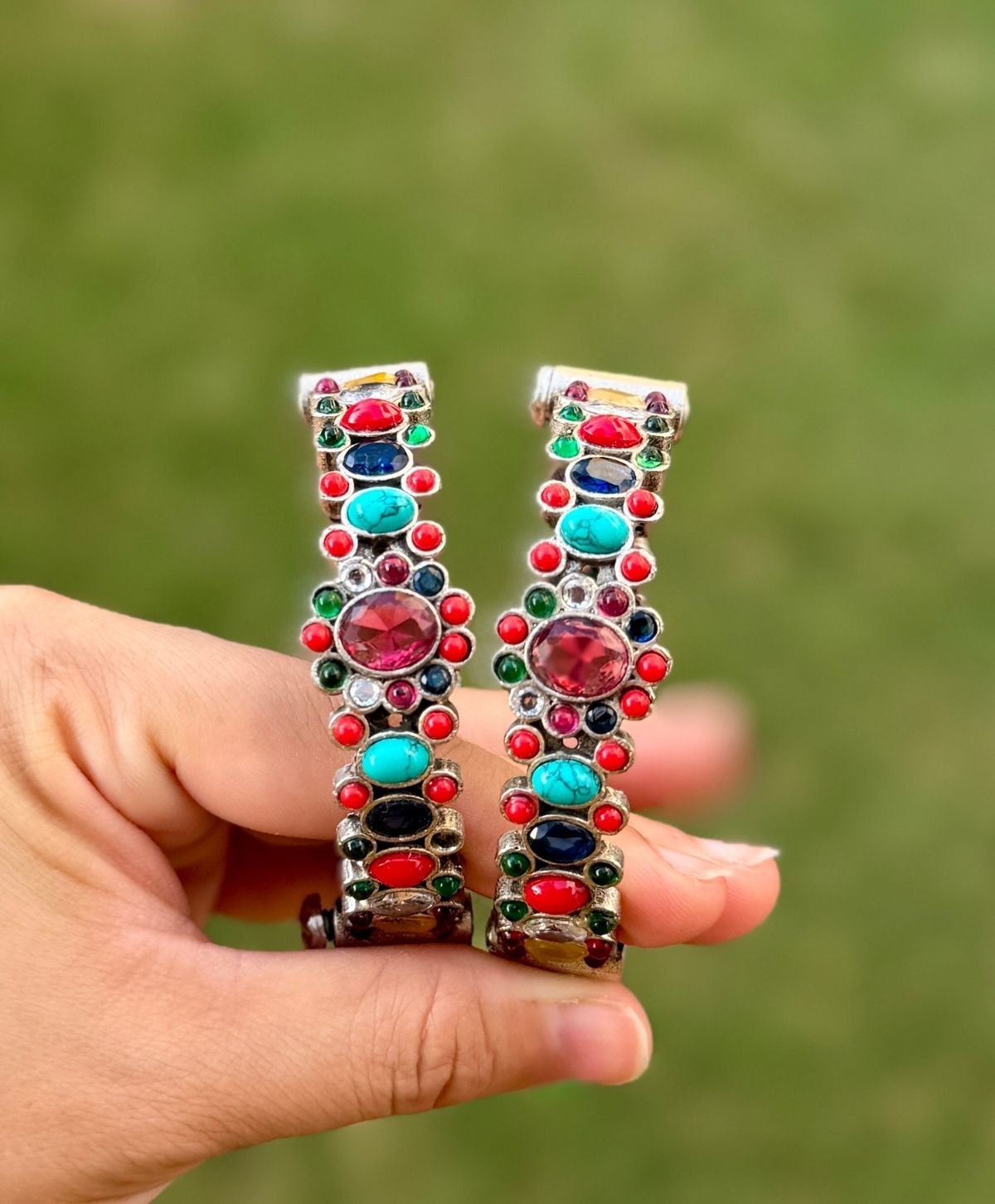 German Silver Pair Navratna Kadas for Women