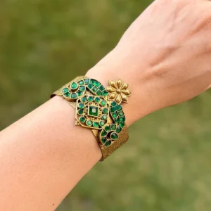 German Silver Green Stone Mat Gold Adjustable Kada for Women