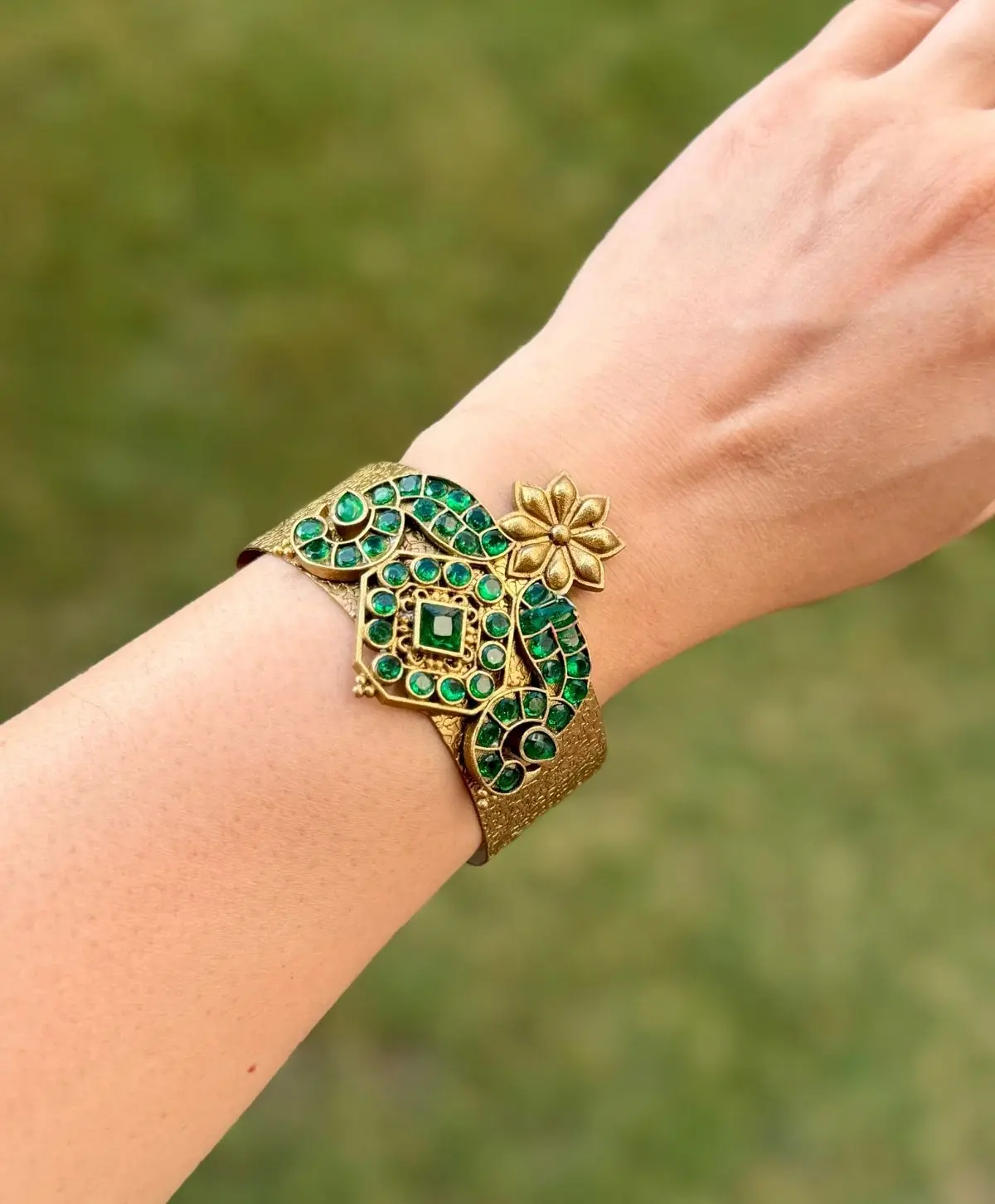 German Silver Green Stone Mat Gold Adjustable Kada for Women