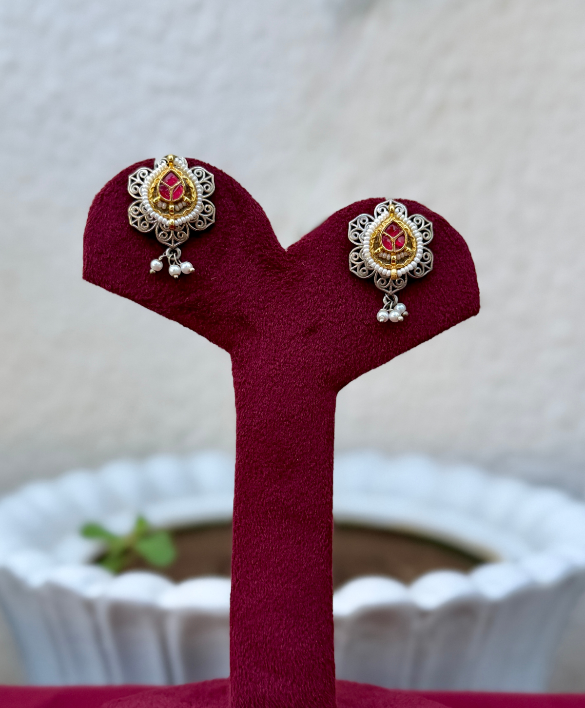 German Silver Kundan Fusion Studs for Women