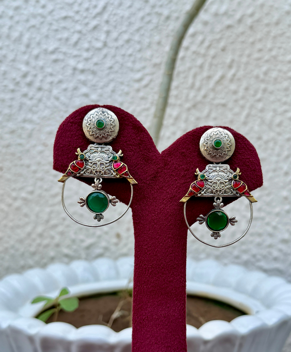 German Silver Ruby Birds Dual Tone Earrings for Women