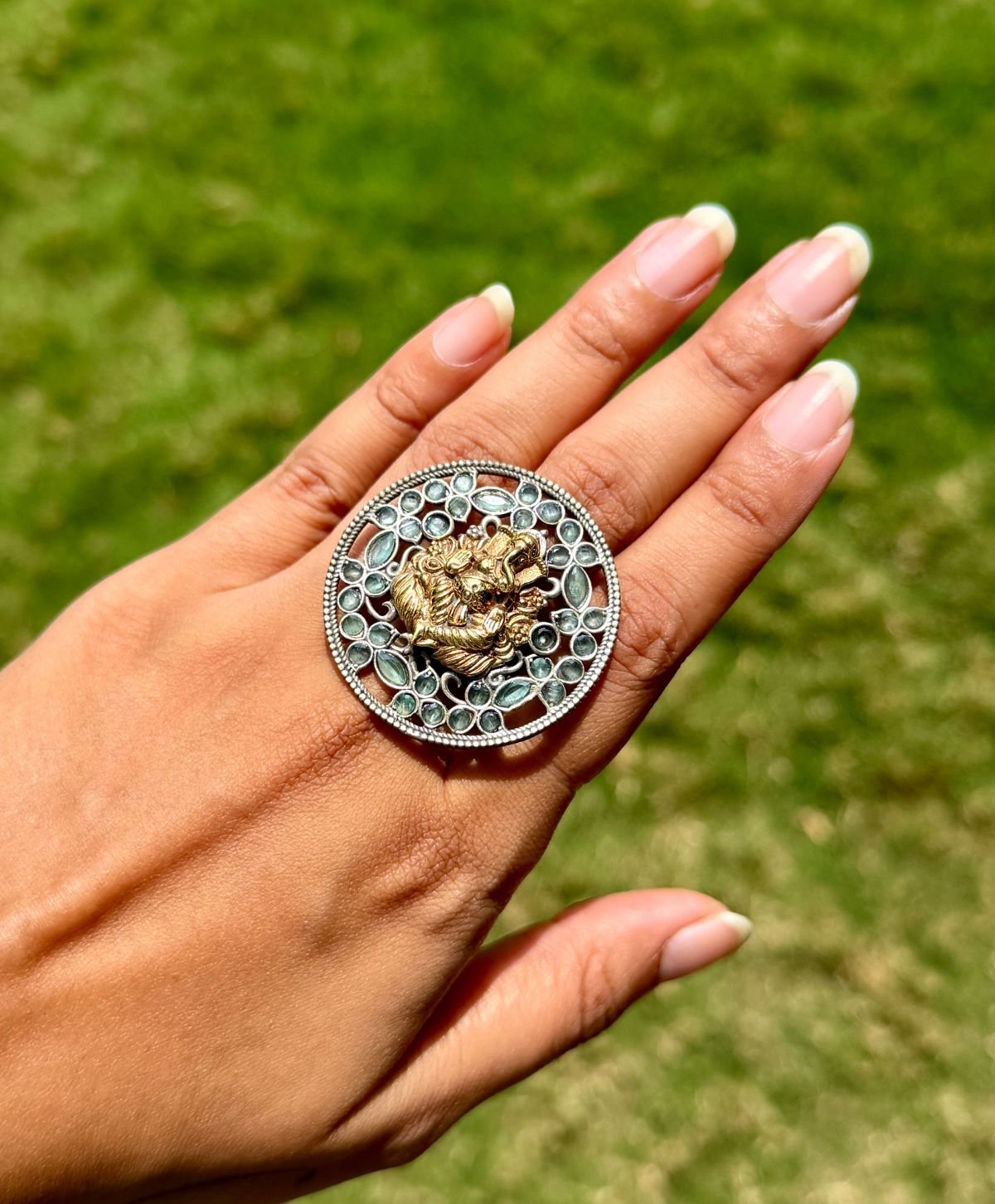 German Silver Mint Green Ganesha Ring for Women