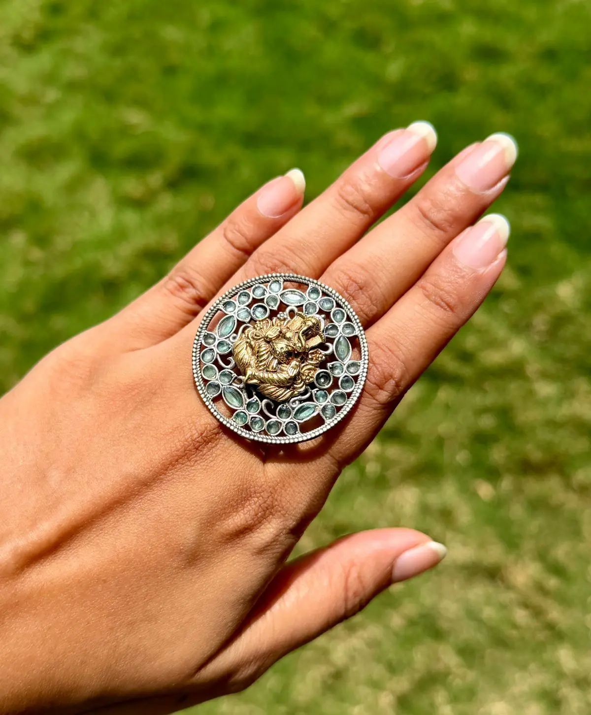 German Silver Mint Green Ganesha Ring for Women