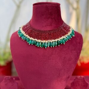 Maroon Green Jhalar Necklace - AKN012