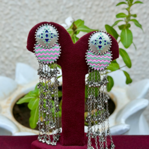Mintgreen And Pink Long Tribal Earrings - AGE068