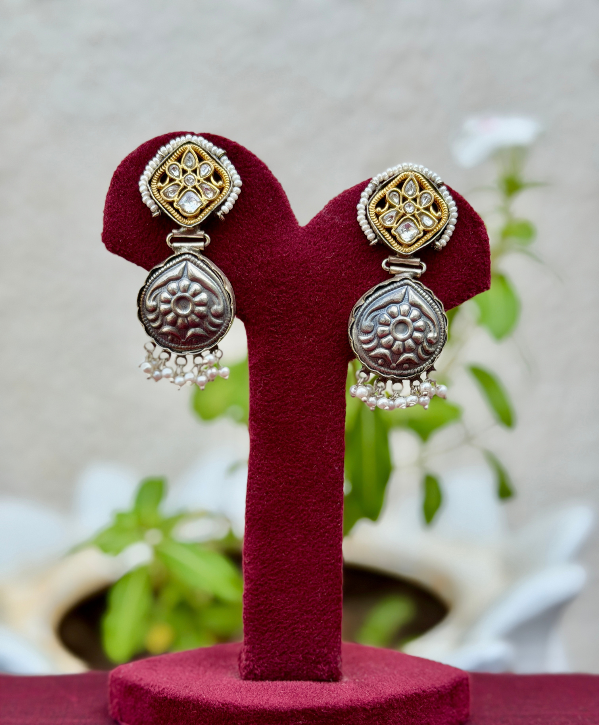 Kundan Fusion German Silver Earrings