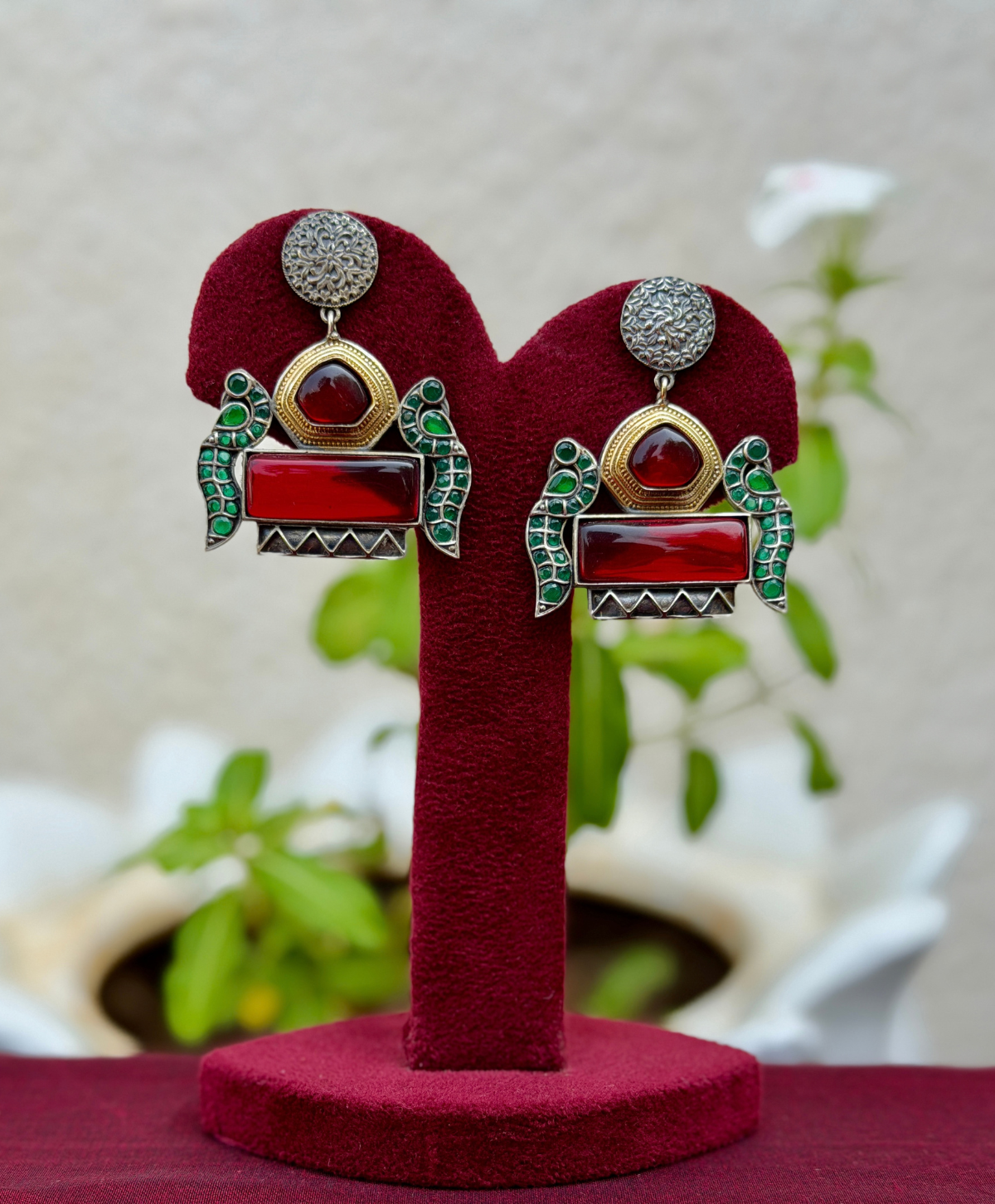 Red Green Stone Dualtone Earrings - AGE081