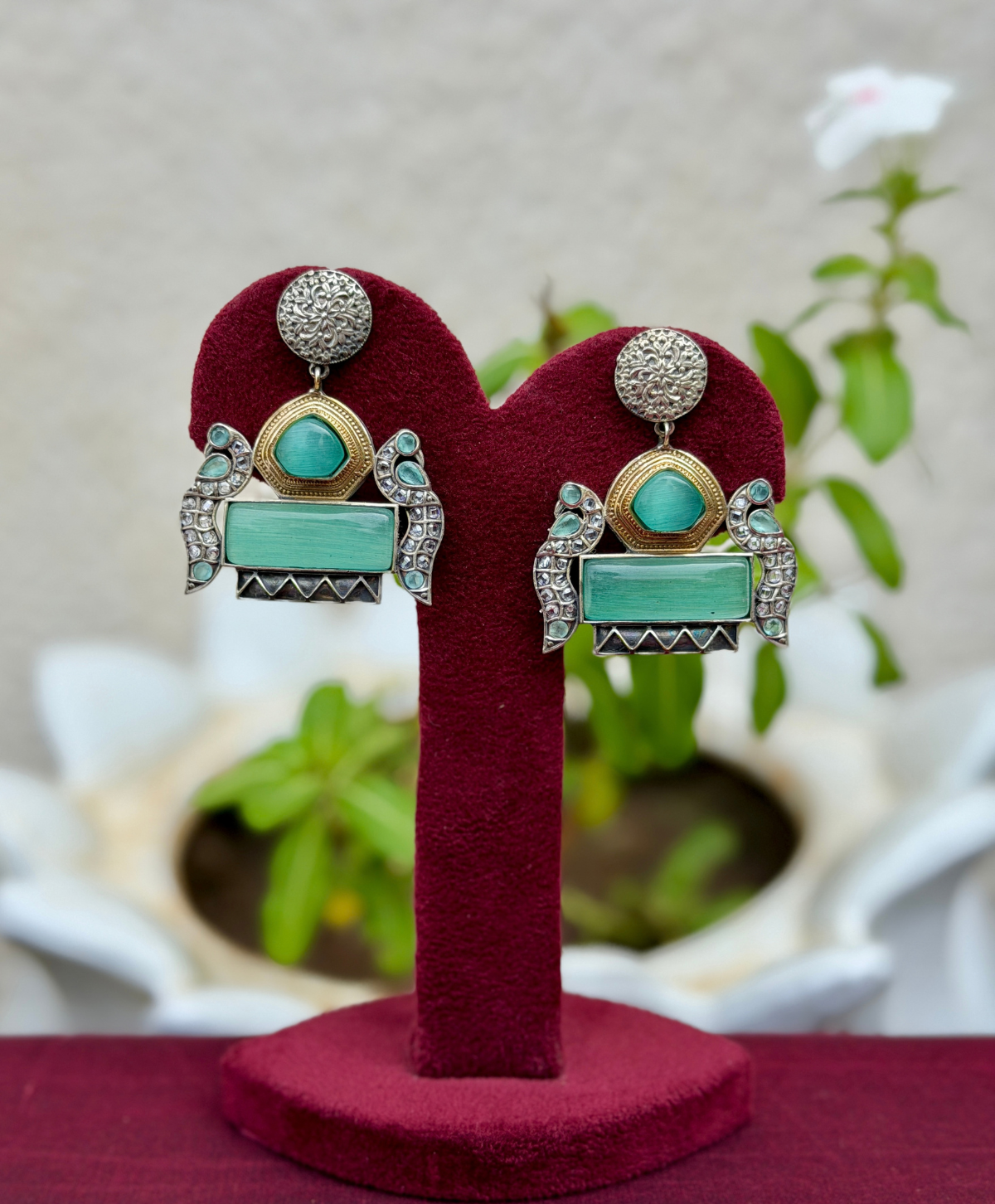 Mint Green Stone Dualtone Earrings - AGE082