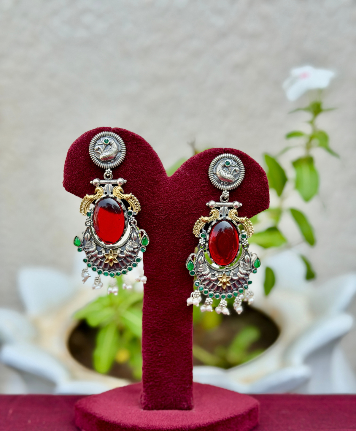 Red Stone Dualtone Earrings