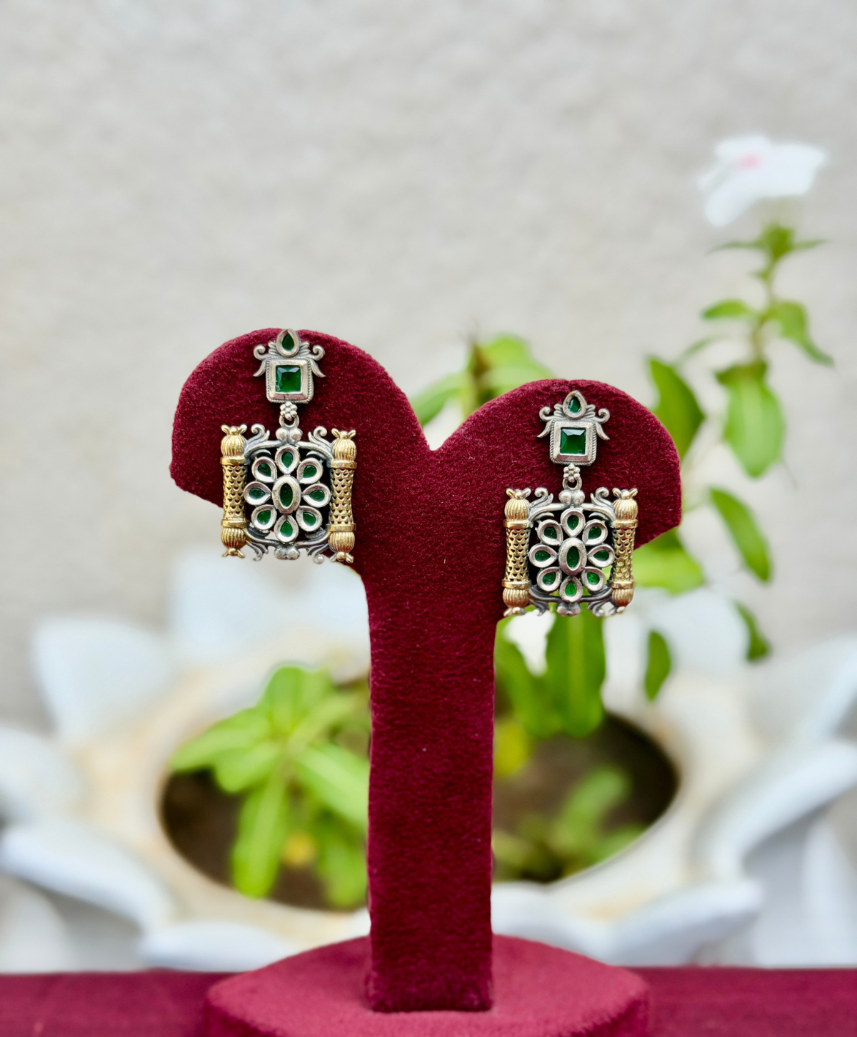 Green Stone Dualtone Earrings
