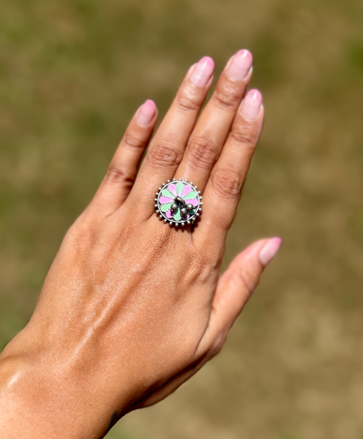 German Silver Pink Mint Small Tribal Ring for Women