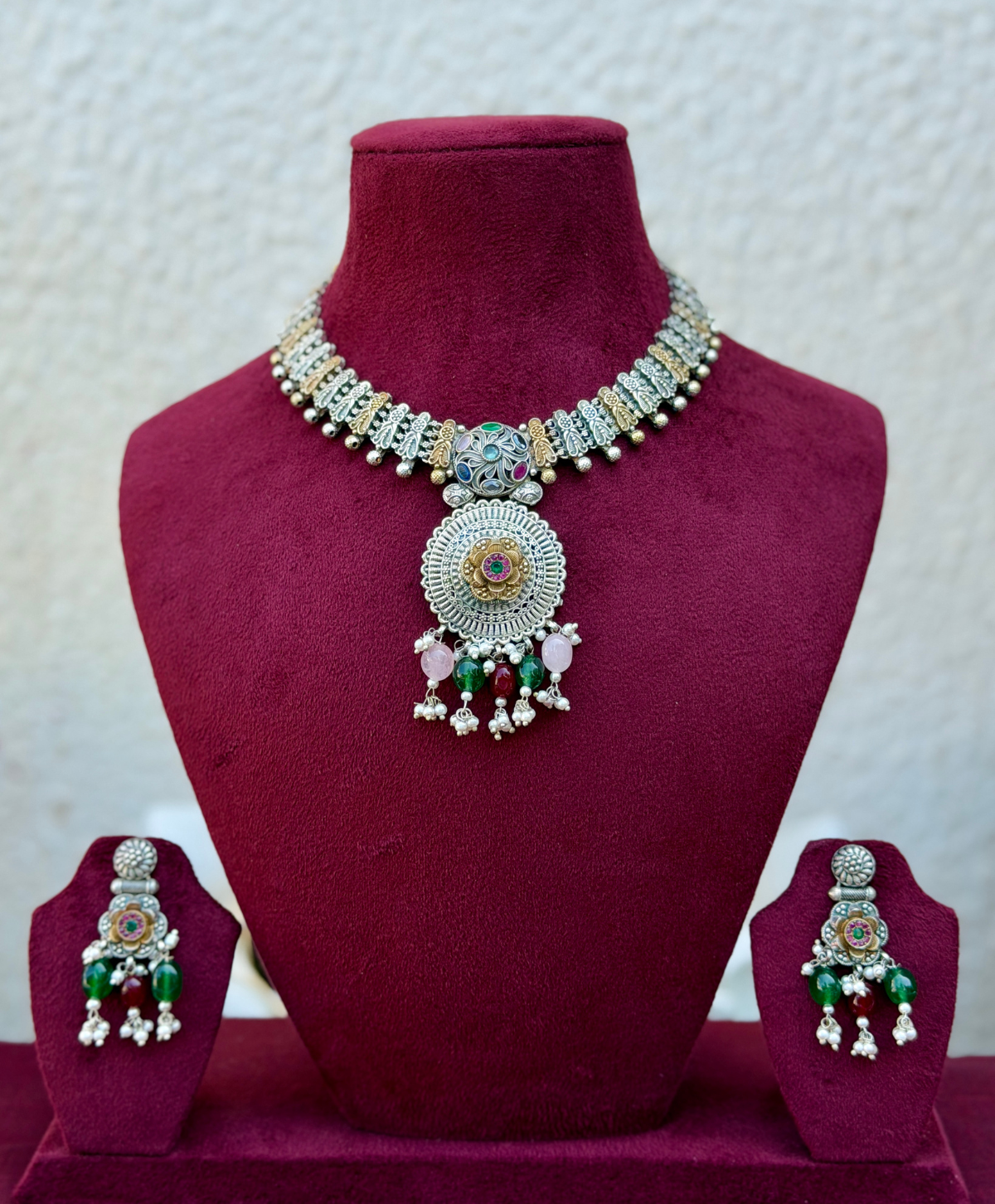 Multi Colour Dual Tone German Silver Necklace